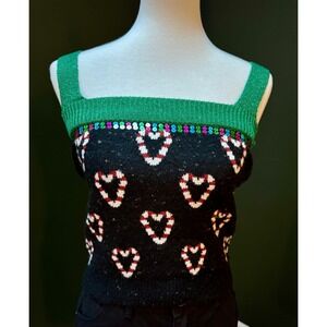 Celebrate Together Black‎ Candy Cane Heart Knit Cropped Tank Women's XS